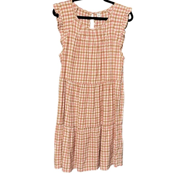 Old Navy Tiered Linen Blend Flutter Sleeve Swing Plaid Tiered Ruffle Dress - Picture 2 of 11
